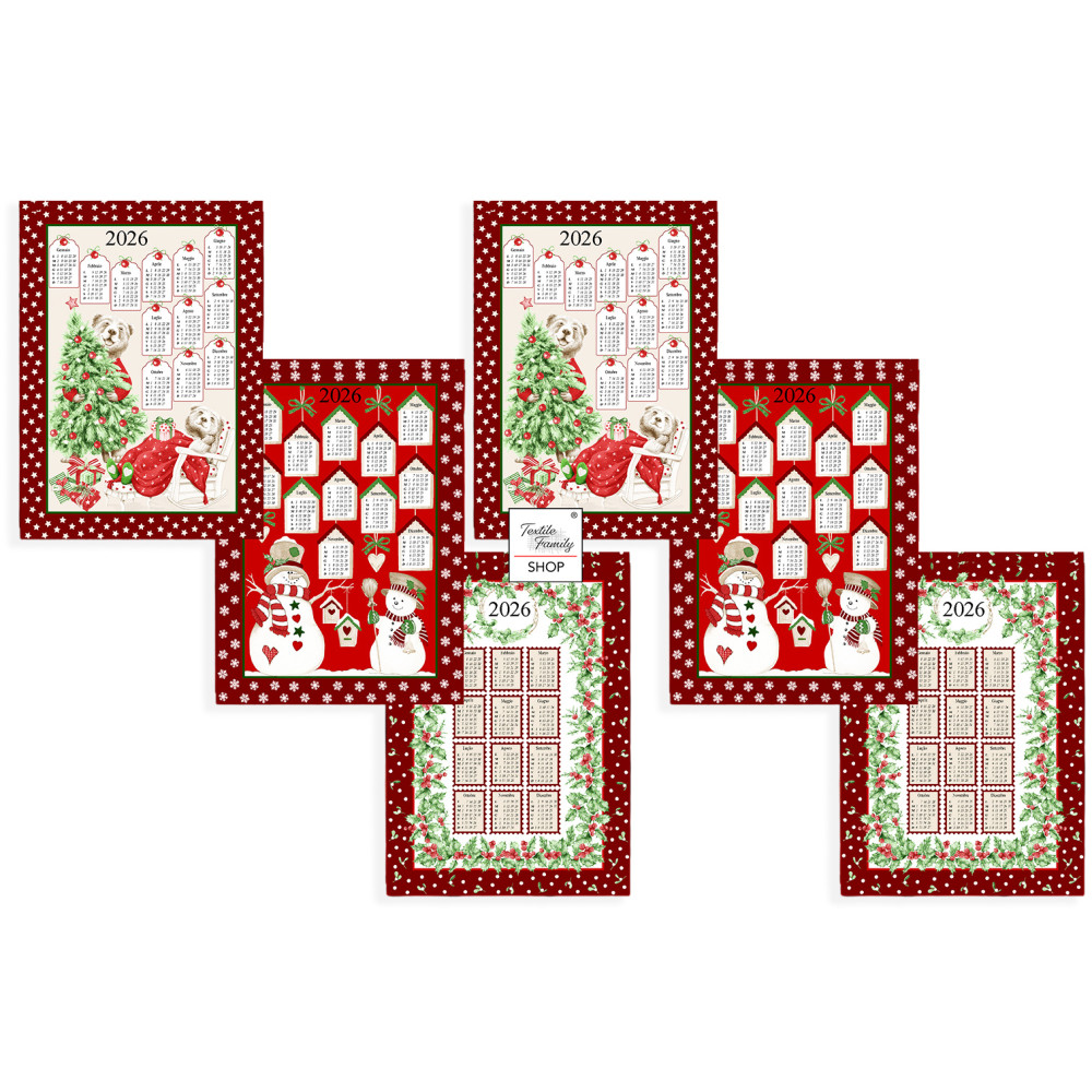 Strofinacci cucina cotone Natale calendario 2026 – Set 6 Pezzi, 3 Stampe, Made in Italy