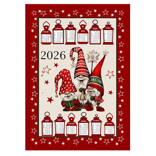 Toallas de cocina de algodón Calendario de Navidad 2026 – Juego de 6 piezas, 3 impresiones, Made in Italy, Idea de regalo
