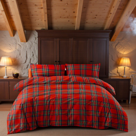 Roter schottischer Bettbezug aus 100% reiner Baumwolle - Bettgarnitur Made in Italy