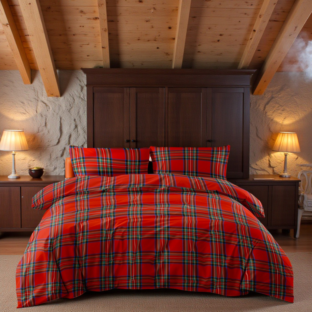 Funda nórdica escocesa roja en 100% algodón puro - Juego de cama Made in Italy