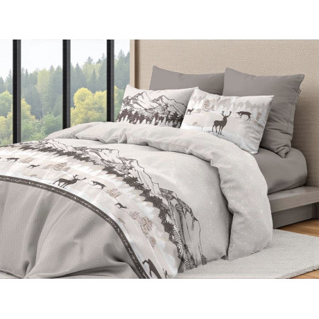 Funda nórdica de ciervo gris alpino - Juego de cama de invierno 100% algodón - Patrón de montaña con ciervo