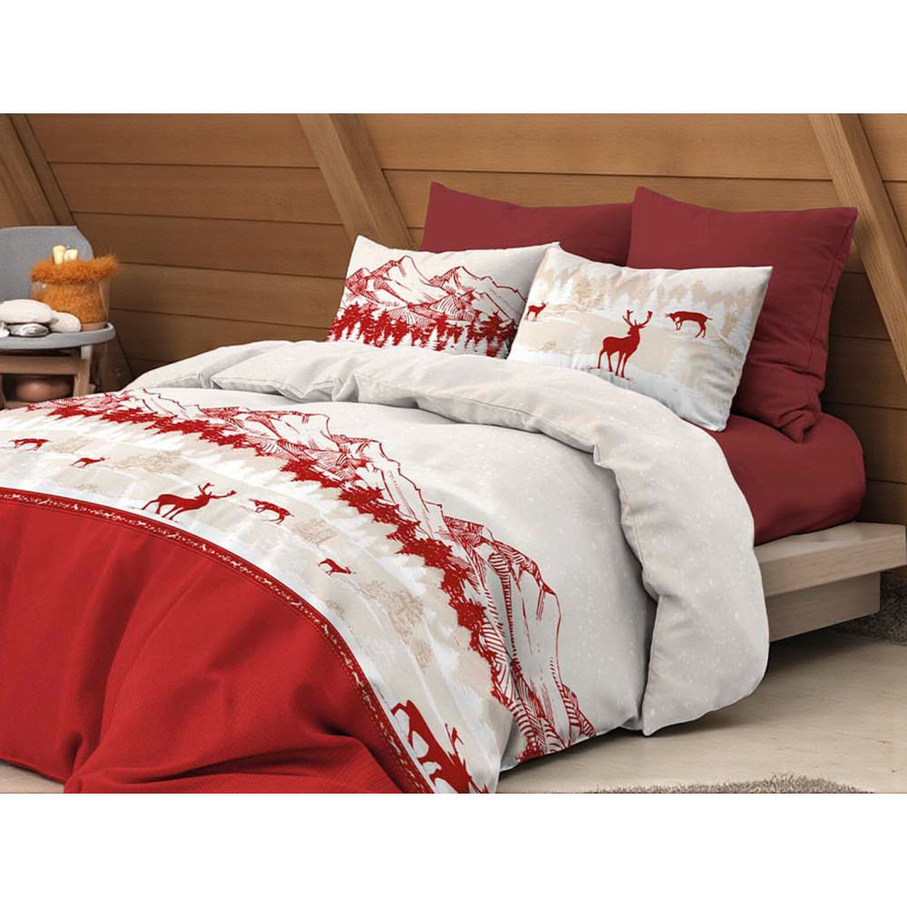 Funda nórdica Red Deer - Juego de cama de invierno 100% algodón - Patrón de montaña con ciervo