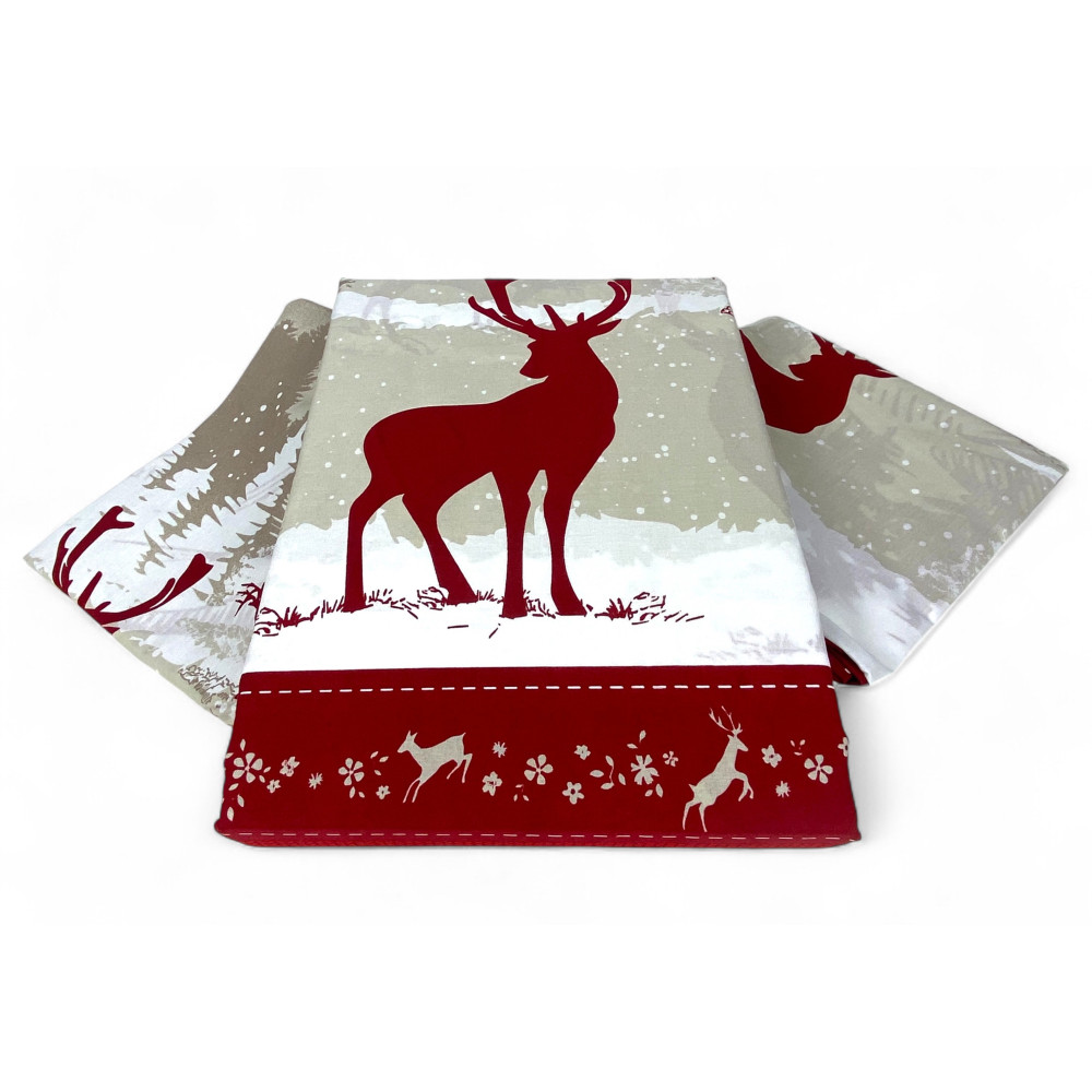 Red Alpine Deer Pattern Detail - Winter Chalet-Style Mountains and Deer Motif
