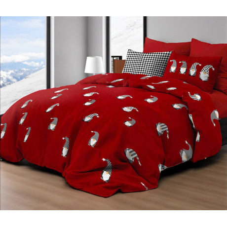 Bettbezug Elfen Weihnachtsrot - Winterbett-Set aus 100% Baumwolle - Weihnachtsmuster mit Elfen