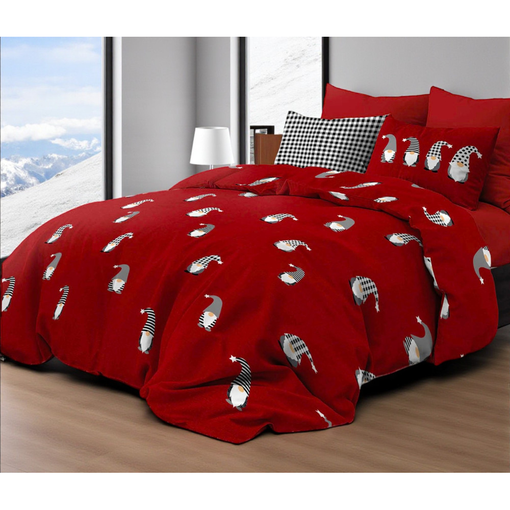 Bettbezug Elfen Weihnachtsrot - Winterbett-Set aus 100% Baumwolle - Weihnachtsmuster mit Elfen