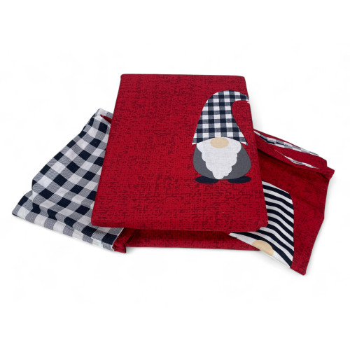 Detalle de funda nórdica de elfos navideños rojos - estampado de elfos con sombrero a rayas y cuadros sobre fondo rojo