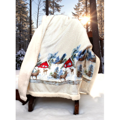 Fleece blanket Alpine Hut folded - Winter design with deer and pine trees 2