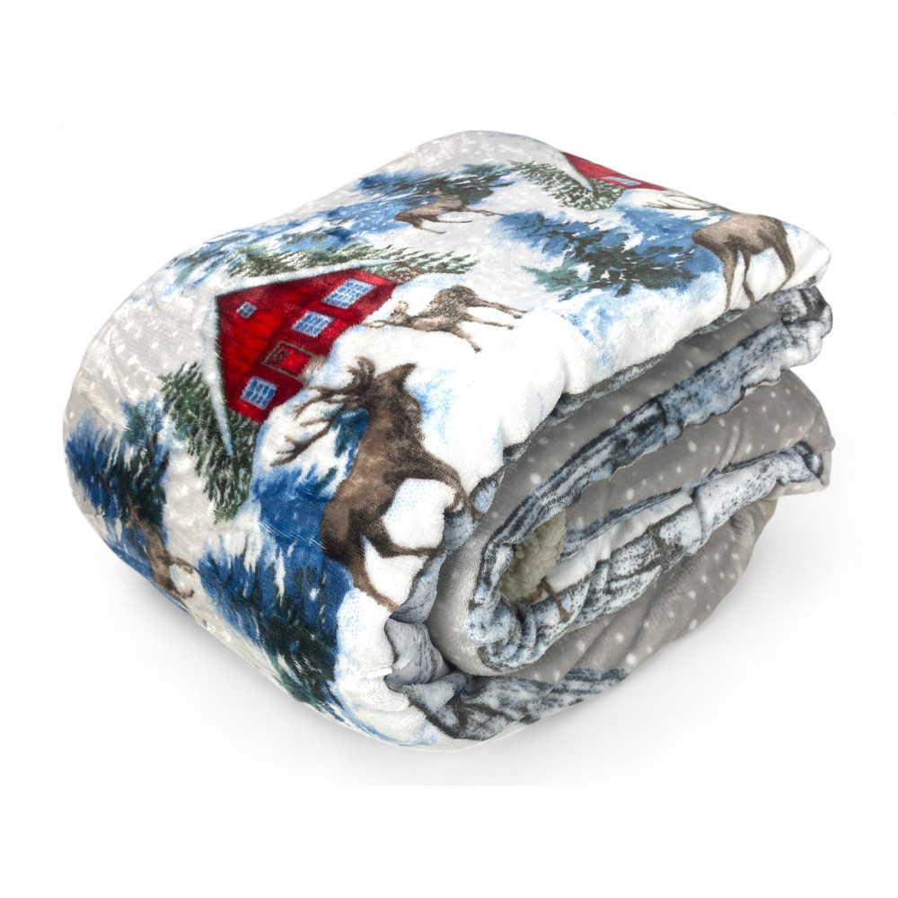 Coperta in pile Baita Alpina piegata - Design invernale con cervi e pini