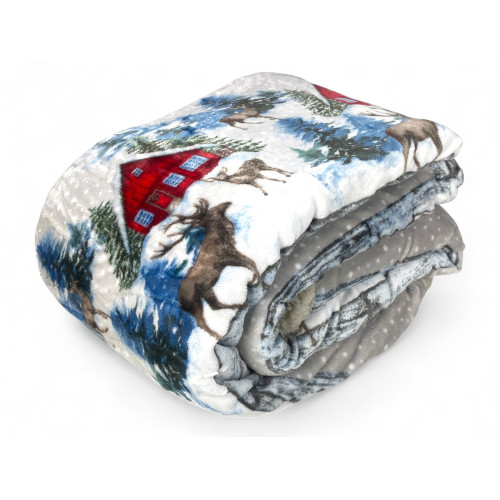 Coperta in pile Baita Alpina piegata - Design invernale con cervi e pini