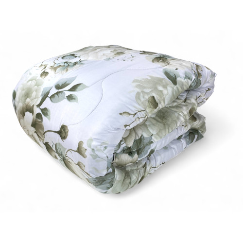 Trapunta Fiocco Sanderson piegata con stampa floreale verde salvia su fondo bianco, 4 punti calore