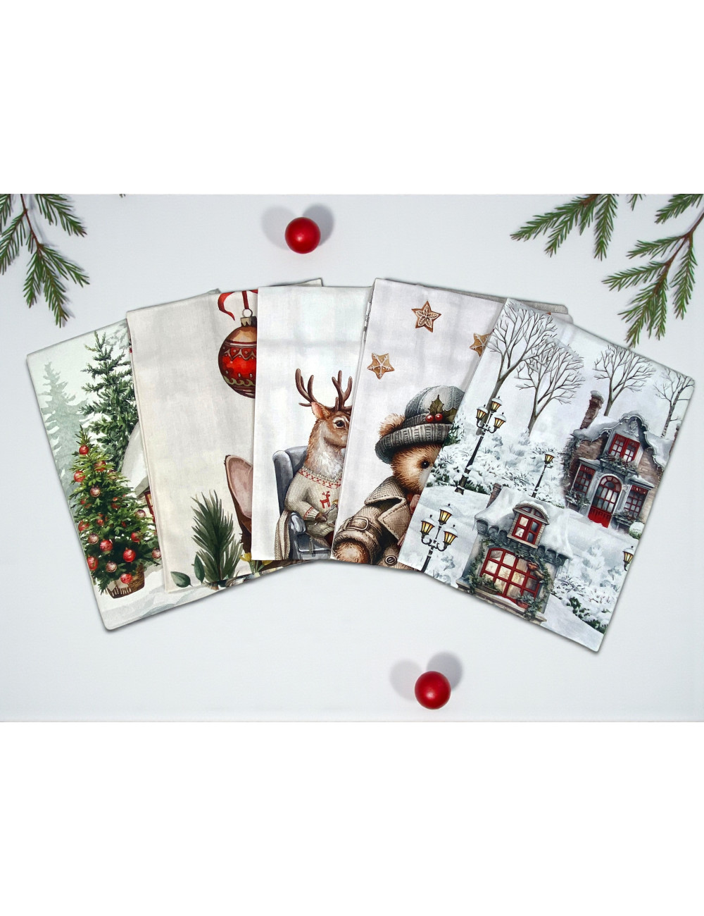 Paños de cocina con una variedad de patrones navideños: renos, gnomos, osos de peluche, casas nevadas, gatos