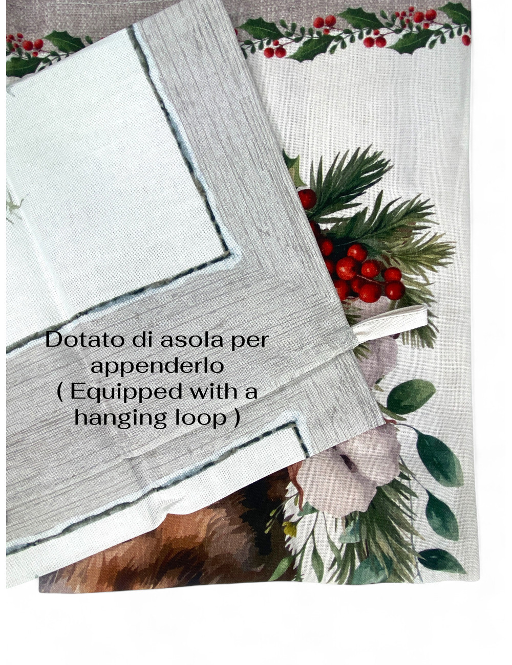 High-definition Christmas print detail on natural fabric