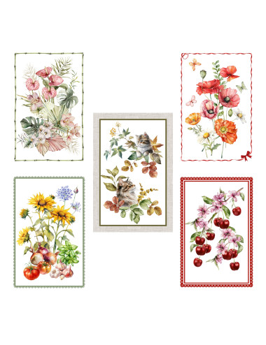 Lot de 5 torchons de cuisine en coton 50x70 cm avec imprimés floraux et chats Fabriqué en Italie