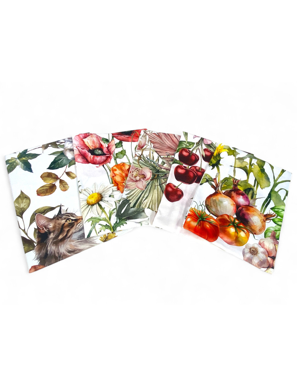 Set de torchons de cuisine en coton 5 pièces 50x70 cm – Motifs floraux et chats Made in Italy