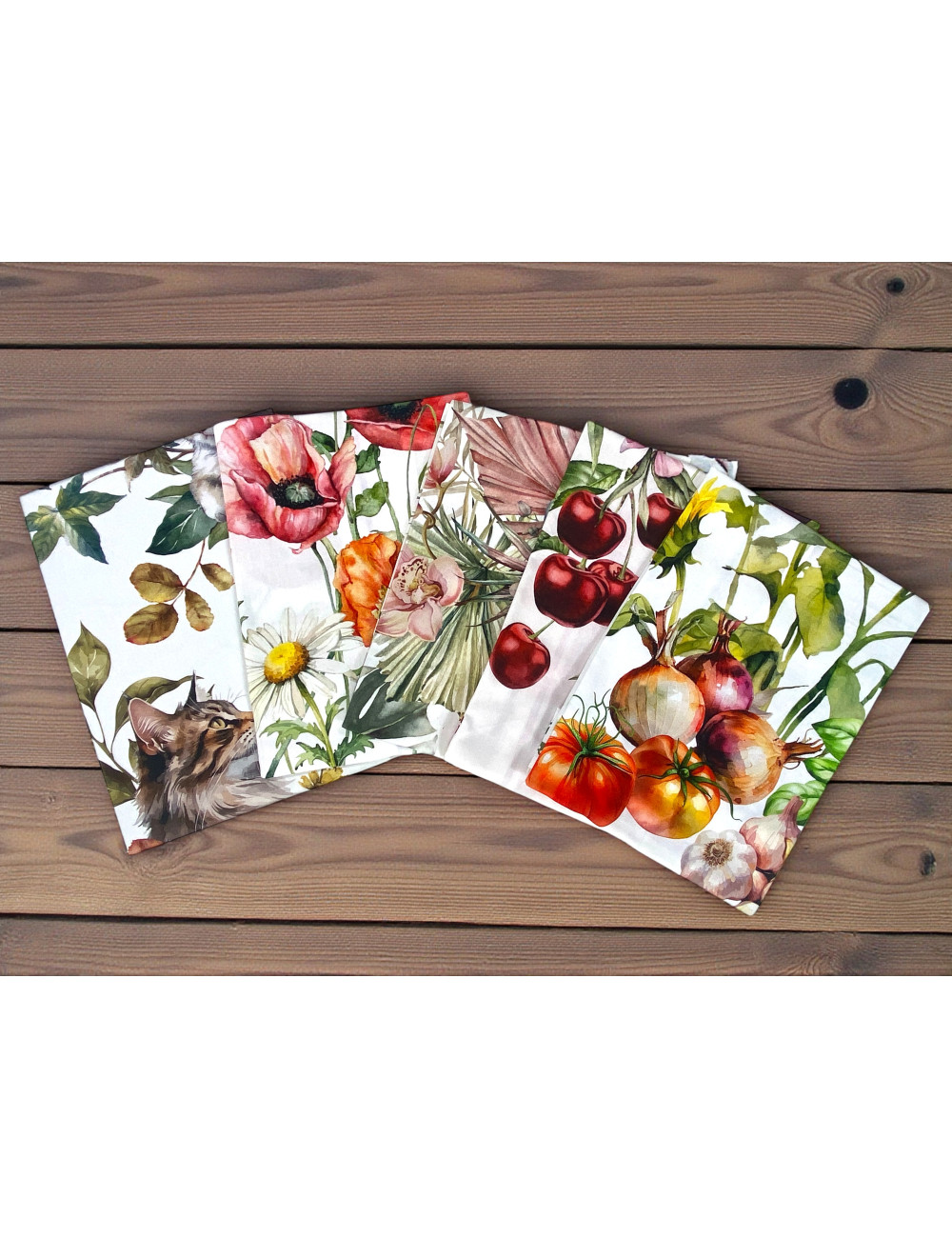 Torchons de cuisine fantaisie, fleurs, cerises, coquelicots, chats et tournesols