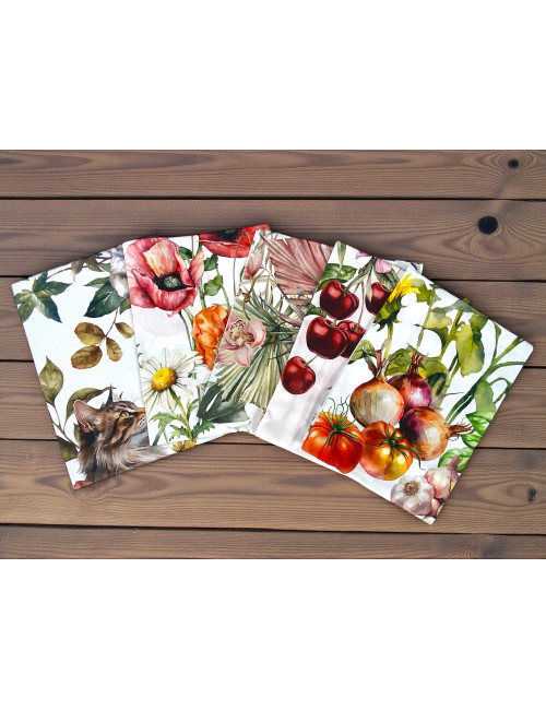 Fantasy kitchen towels flowers cherries poppies cats and sunflowers