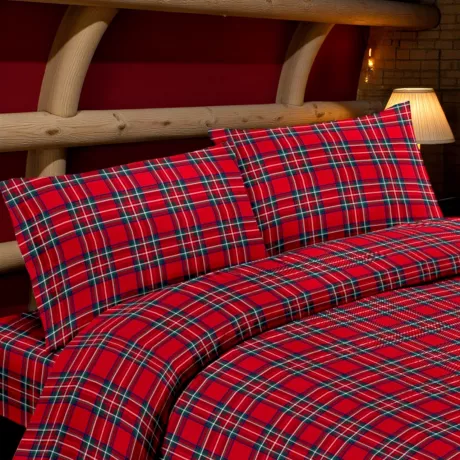 Ensemble de draps en flanelle de tartan rouge - 100 % molleton de coton - Fabriqué en Italie