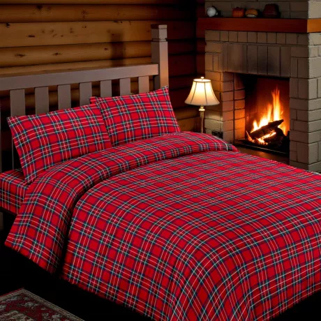 Red Tartan Double Duvet Cover - 100% Cotton Flannel - Extra flap 40 cm - Made in Italy