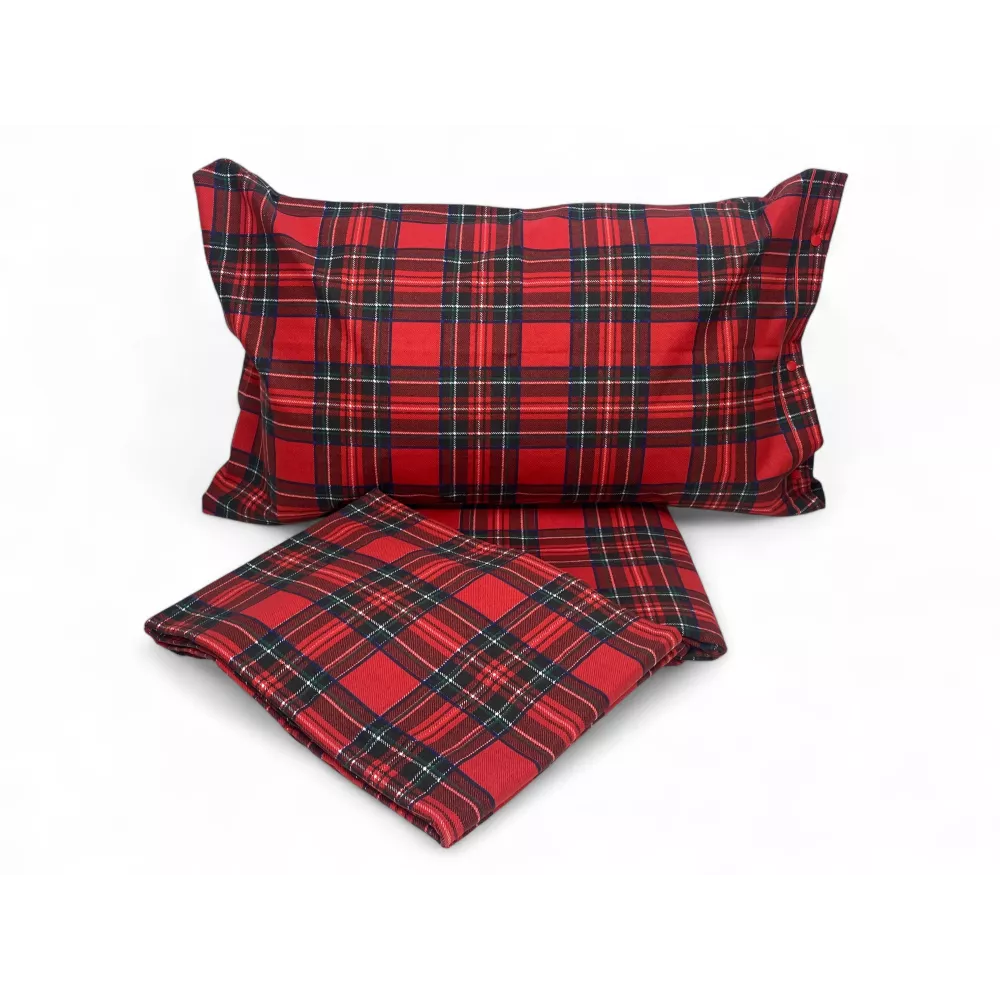 Red Tartan Double Duvet Cover - 100% Cotton Flannel - Extra flap 40 cm - Made in Italy