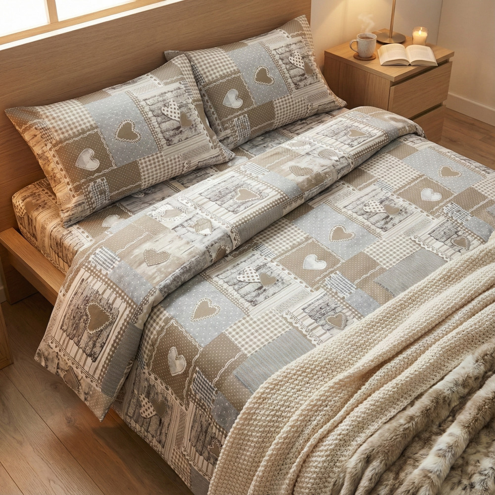 Copripiumino Tirolese Cuori Aprica Beige – Cotone 100% Made in Italy