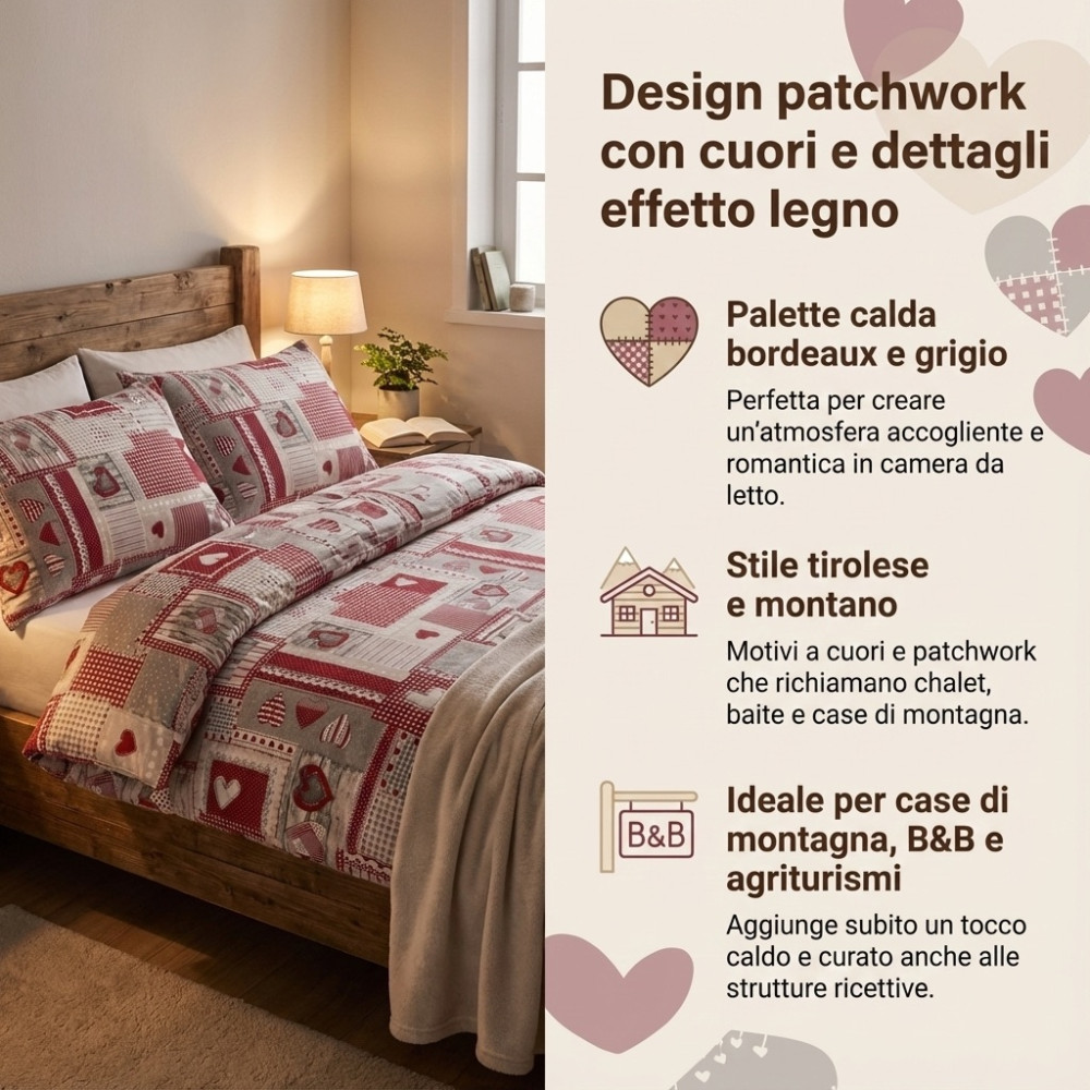 Tyrolean Duvet Cover Hearts Aprica Bordeaux – 100% Cotton Made in Italy