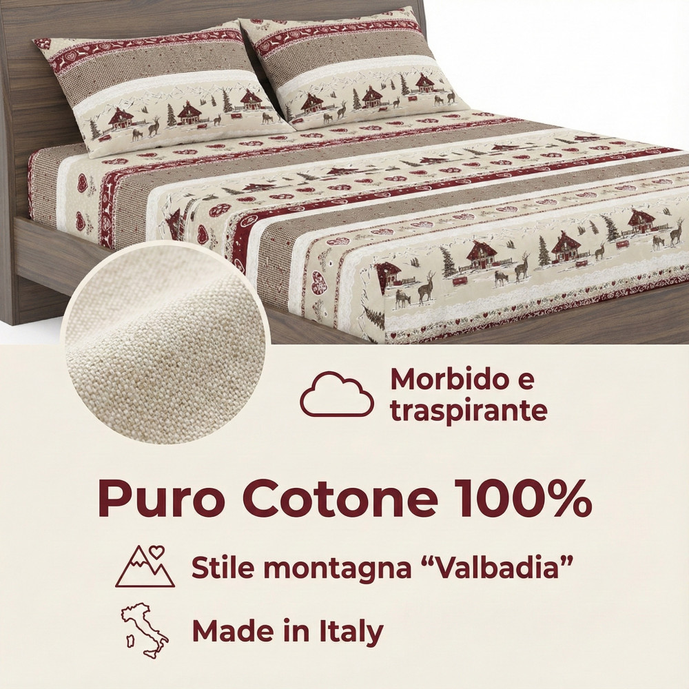 Ensemble de draps Valbadia 100 % coton style montagne fabriqué en Italie