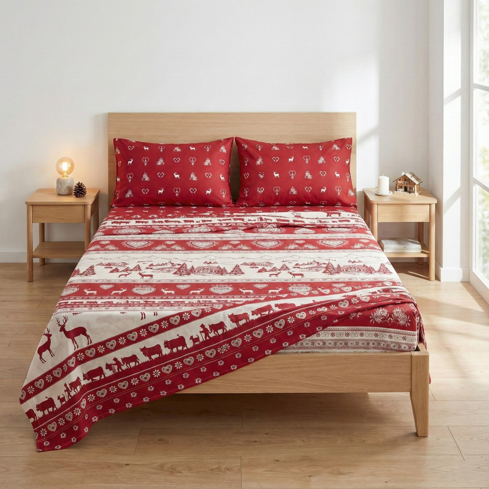 Completo Lenzuola Tirolese Rosso Chalet 100% Cotone