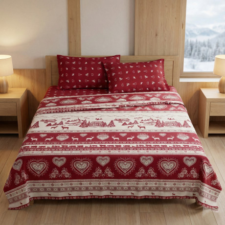 Completo Lenzuola Tirolese Rosso Chalet 100% Cotone