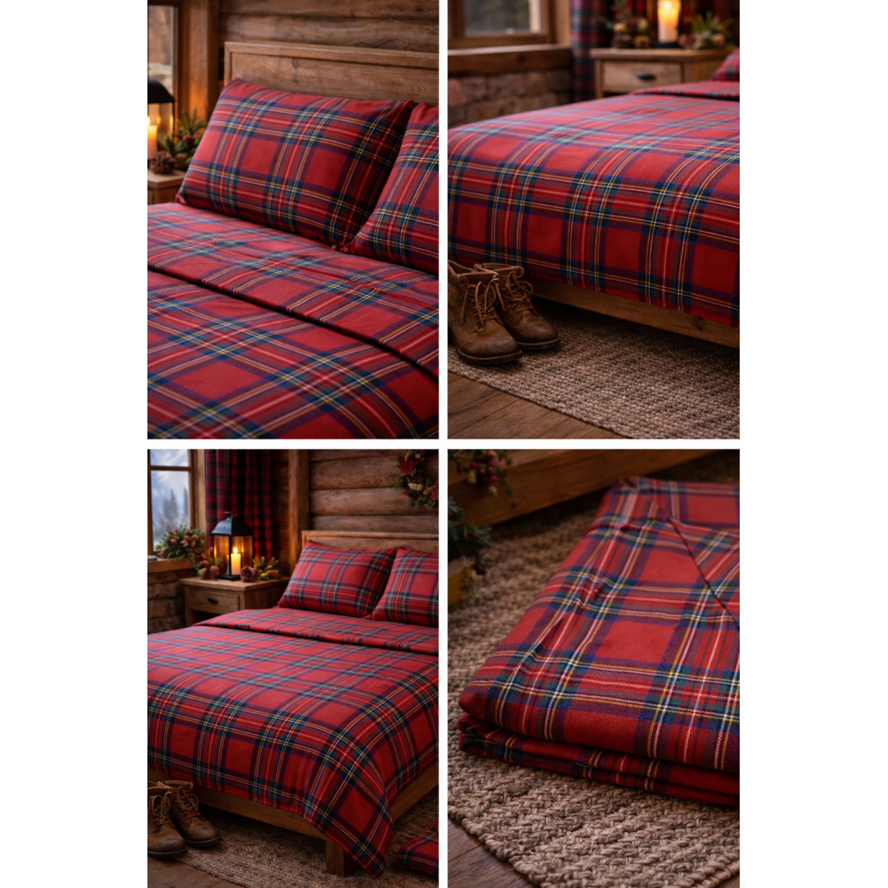 Completo Lenzuola Scozzese Rosso - Cotone Naturale, Stile Invernale - Made in Italy