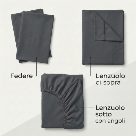 Ensemble de draps 100% coton gris plomb, fabriqué en Italie, lavable 2