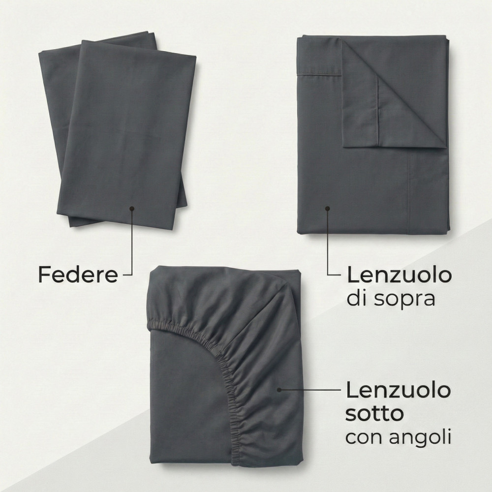 Juego de sábanas 100% algodón gris plomo, Made in Italy, lavable