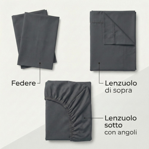 Completo Lenzuola 100% Cotone Grigio Piombo, Made in Italy, Lavabile
