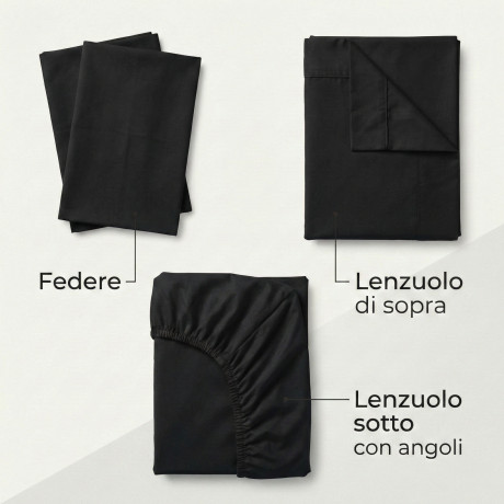 JUEGO DE SÁBANAS SÁBANAS FUERTES color liso NEGRO ALGODÓN puro Hecho en Italia 2