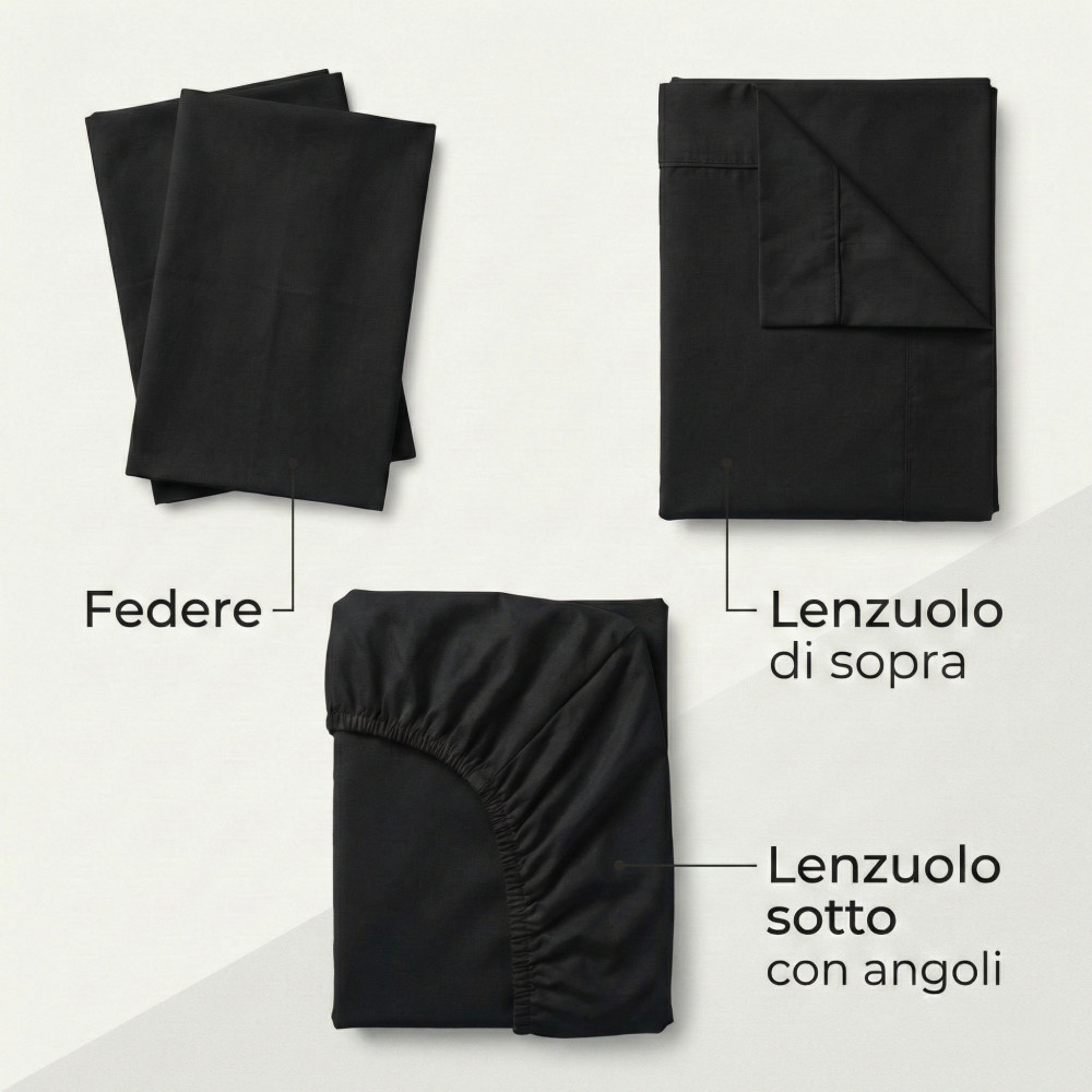 LAKEN-SET STRONG SHEETS einfarbig SCHWARZ reine BAUMWOLLE Made in Italy