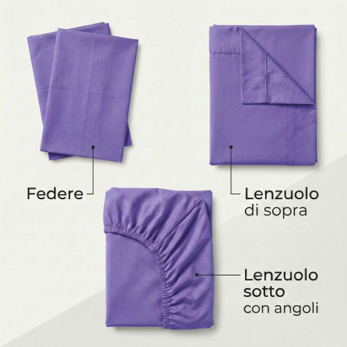 SHEET SET STRONG SHEETS solid color LILAC pure COTTON Made in Italy
