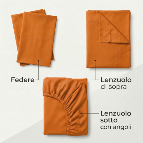 Juego de sábanas STRONG SHEETS color liso NARANJA puro ALGODÓN Made in Italy 2