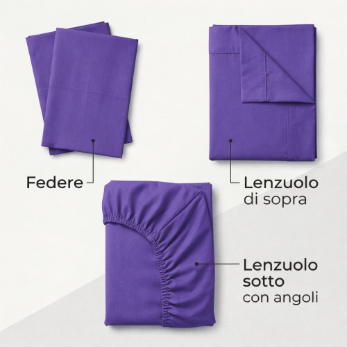 SHEET SET STRONG SHEETS solid color PURPLE pure COTTON Made in Italy