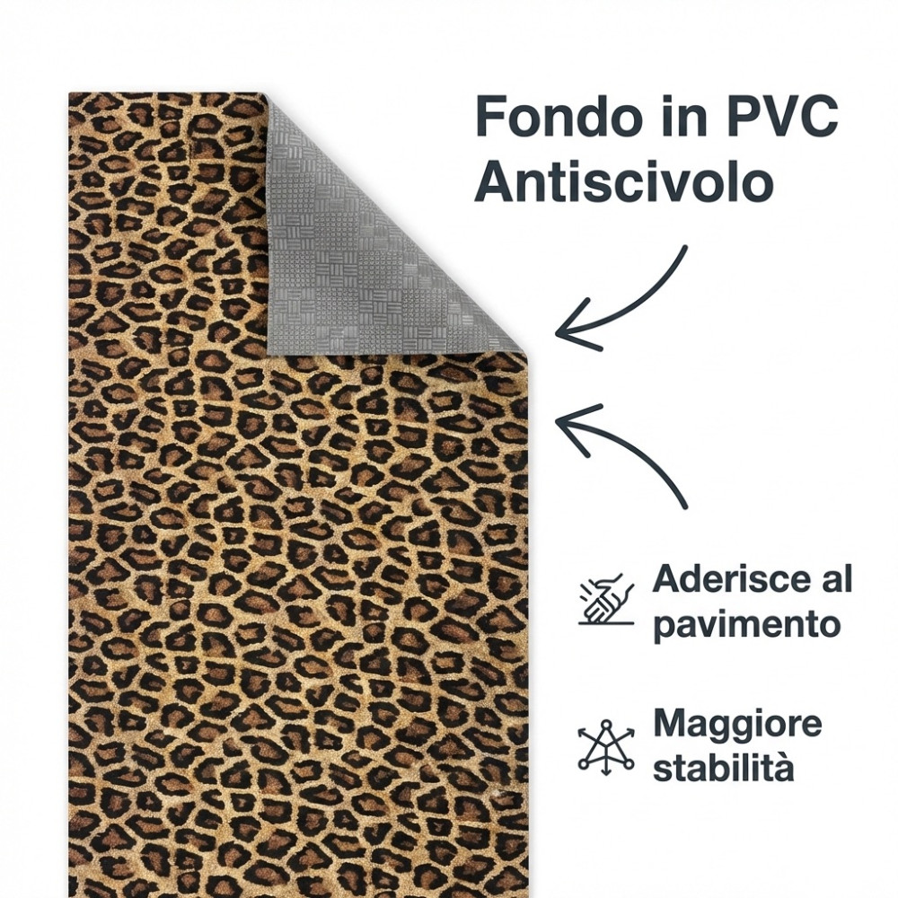 Leopard rug detail with non-slip PVC back that adheres to the floor