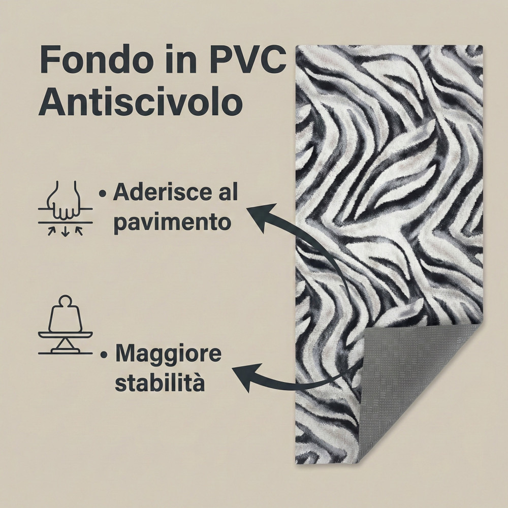 Détail en tapis zèbre avec un dos en PVC antidérapant qui adhère au sol