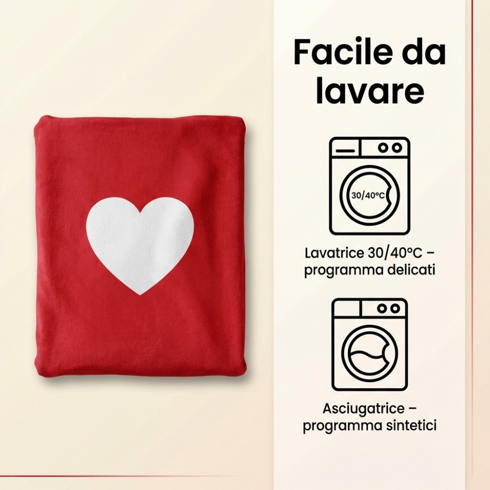 Cuadros rojos con corazón blanco doblado, símbolos de lavado 30 a 40 grados y secadora