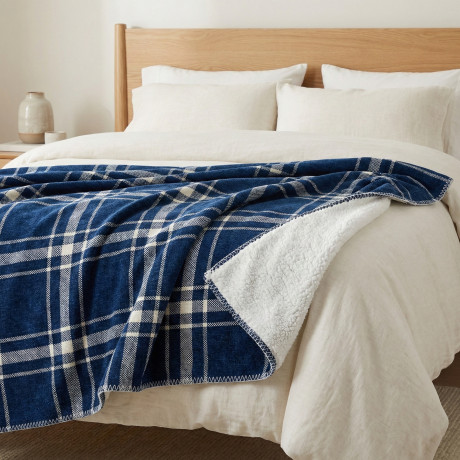 Plaid coperta scozzese matrimoniale 210x230 blu bianco doppio lato sherpa morbidissimo
