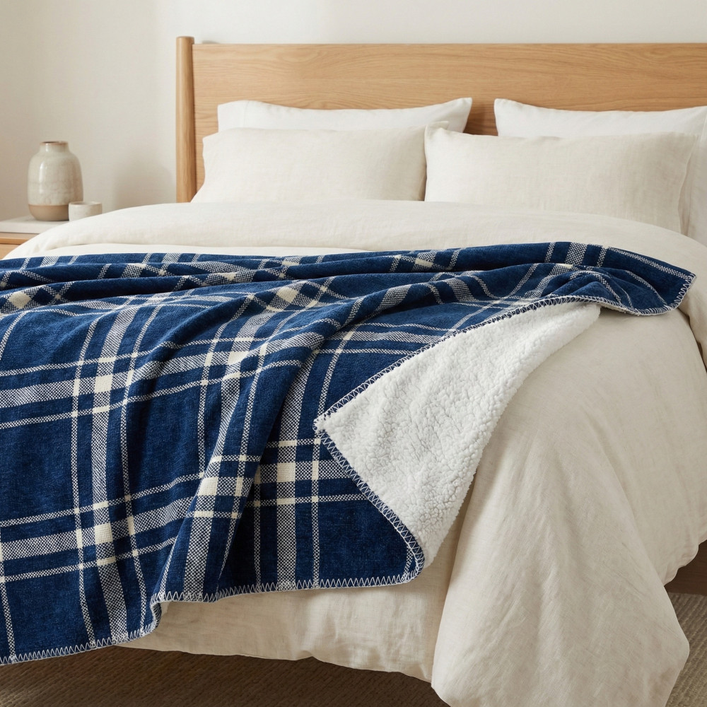 Plaid Scottish double blanket 210x230 blue white double side sherpa very soft