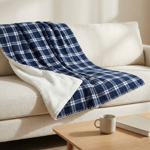 Couverture à carreaux écossais bleu avec dos sherpa effet agneau, idéale pour le lit et le canapé