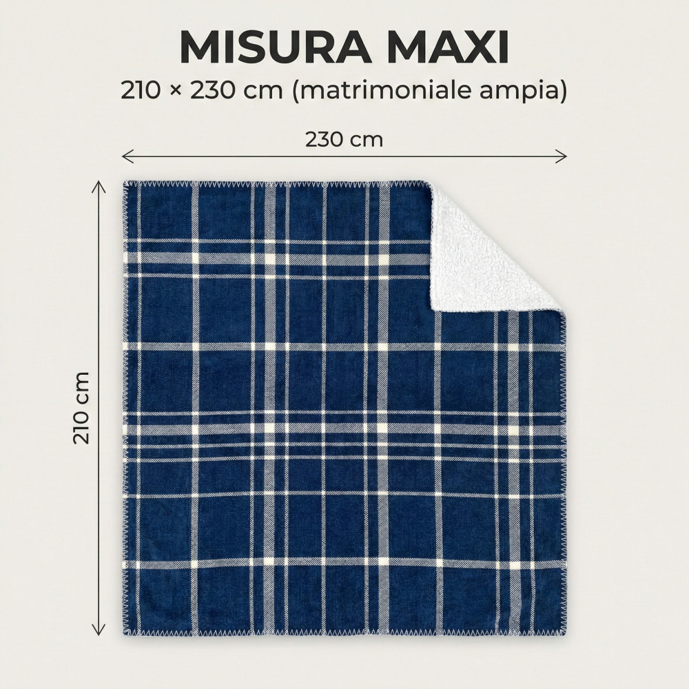Scottish blue maxi double blanket 210x230 with soft and warm lambskin interior