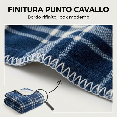 Blanket stitch finish detail of the blue white plaid plaid in soft fleece