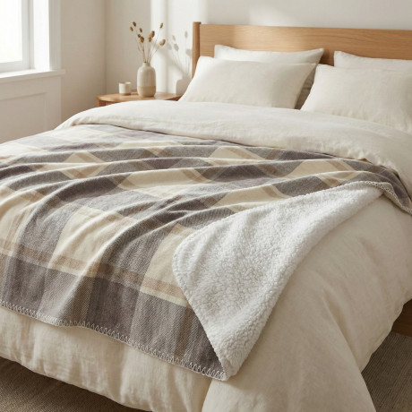Couverture double écossaise à carreaux 210x230 beige taupe double sherpa très douce