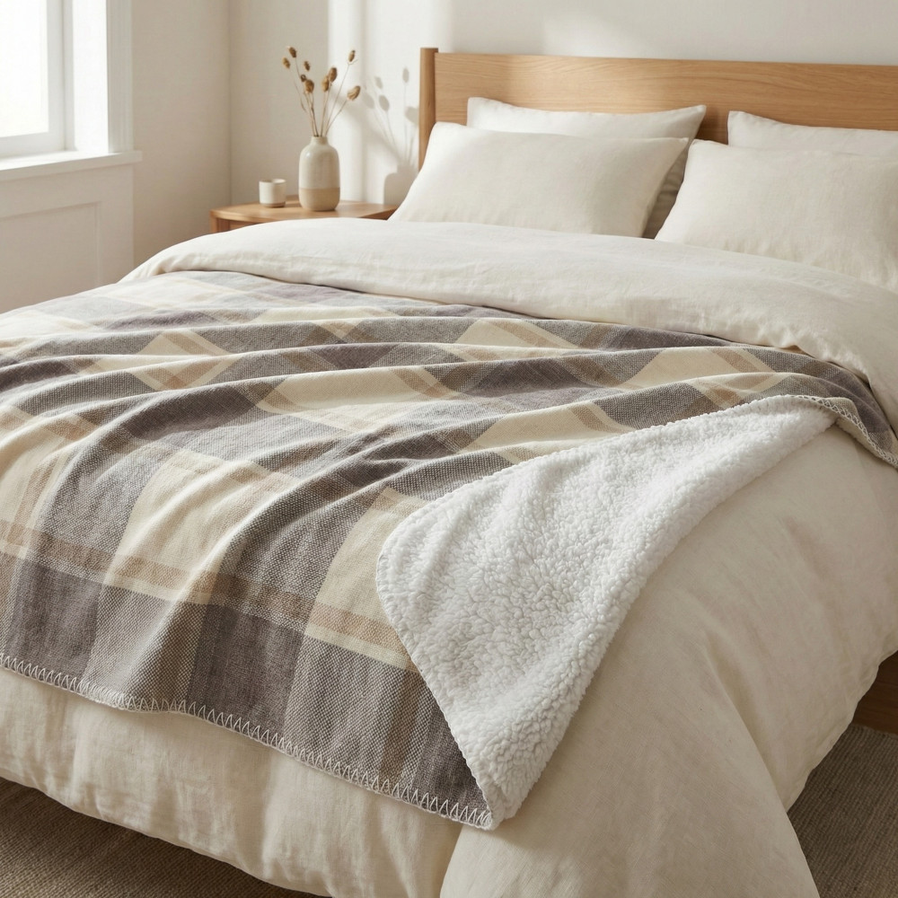 Couverture double écossaise à carreaux 210x230 beige taupe double sherpa très douce