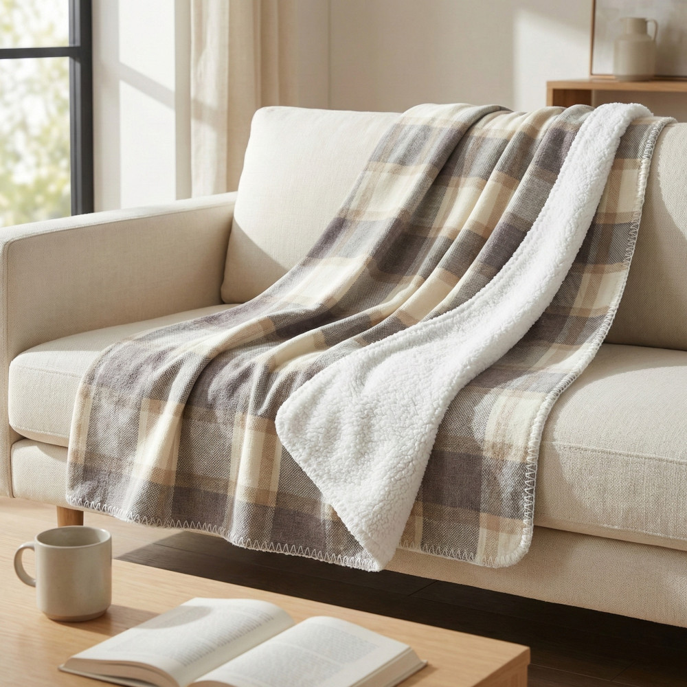 Beige Scottish plaid blanket with white sherpa back with lamb effect, ideal for bed and sofa