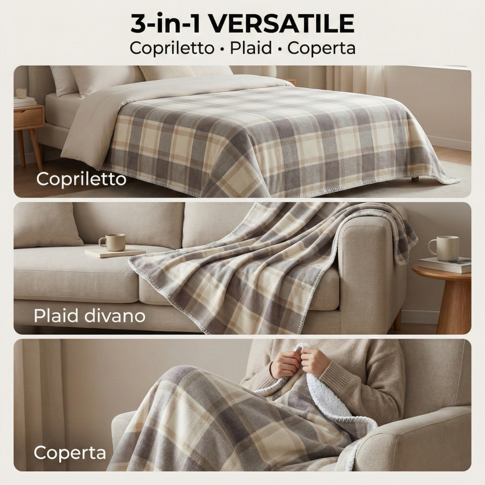 Plaid 3 in 1 bedspread, plaid sofa and blanket with beige plaid front and sherpa back