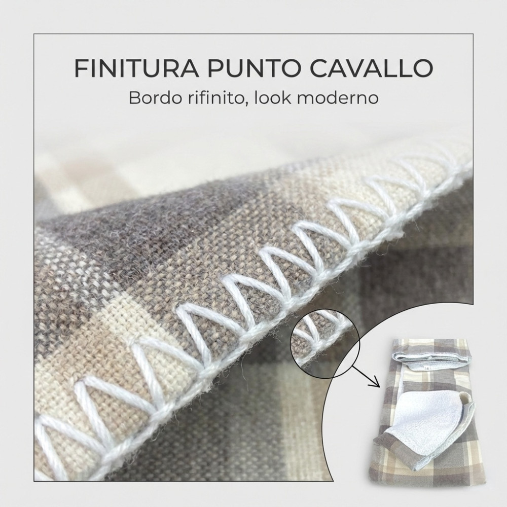 Blanket stitch finish detail of the taupe beige tartan plaid in soft fleece